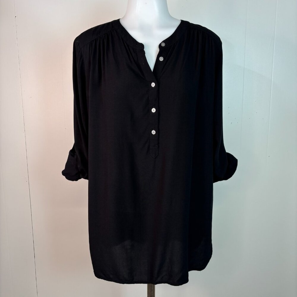 LOFT Top Small‎ Black Roll-Tab Sleeve Popover Blouse Women's